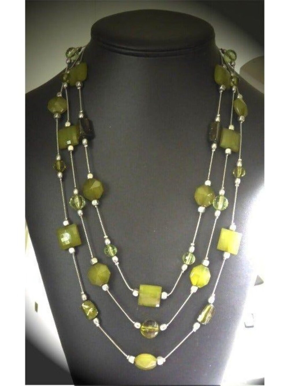 Lane Bryant Triple Strand Green Bead Necklace | Olive & Peridot Statement